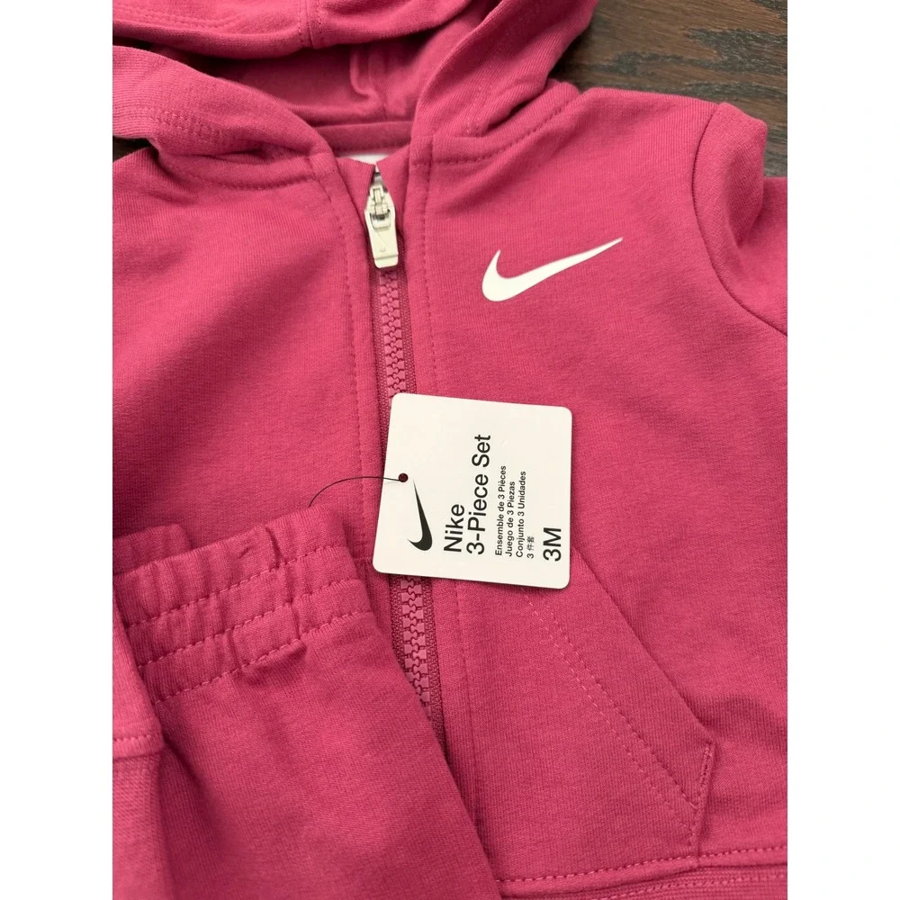 Nike 3-Piece Set Baby Girls 3M Sweet Beet Pink Hoodie Pants Bodysuit 56L940-ADZ